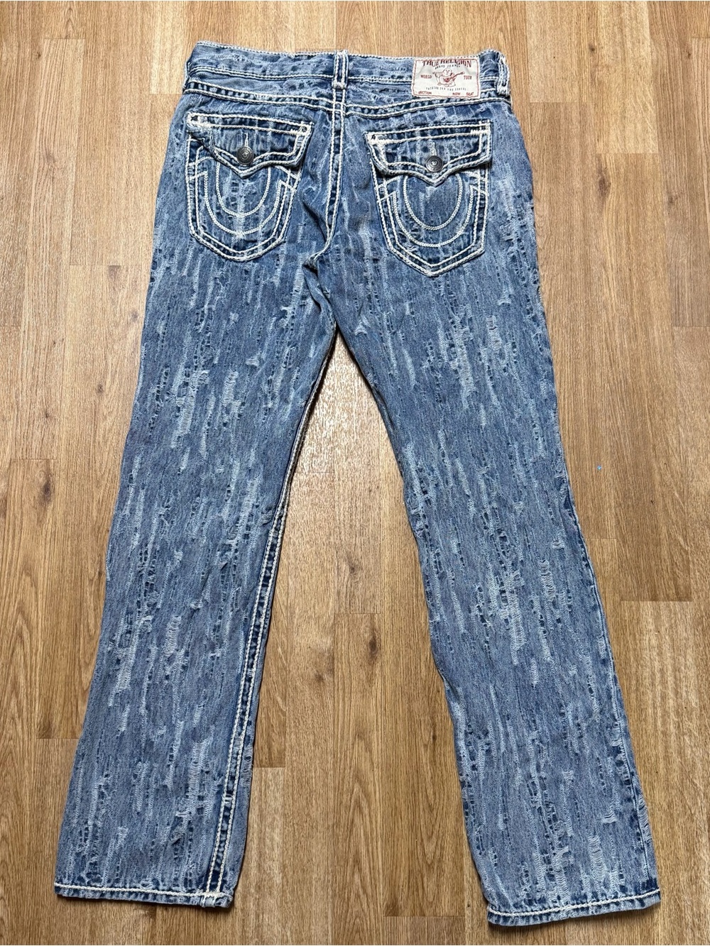 True Religion Ricky Ultra Distressed Rope Stitch Relaxed Straight Jeans Size 32